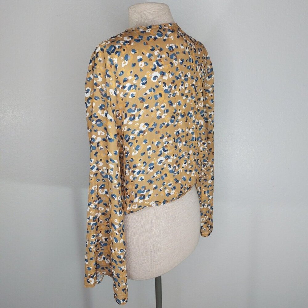 Sadie & Sage Blouse Women Medium Camel Brown Blue Boho Plunge V Neck Flare - Picture 4 of 12